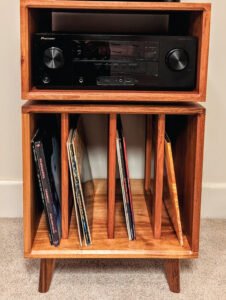 Charo record player stand collage highlighting Melbourne handcrafted solid timber by Ca La Donna