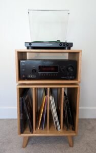 Charo modern solid timber record player stand with organized vinyl storage slots