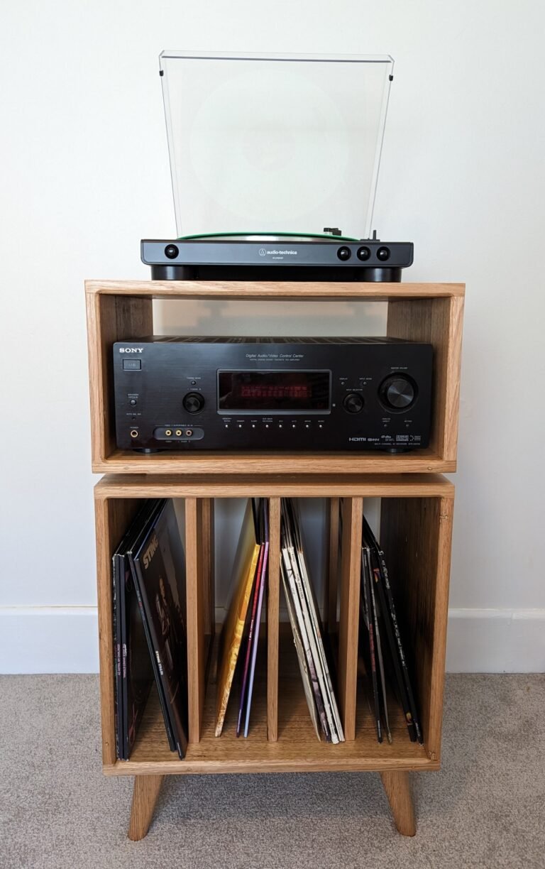 Charo modern solid timber record player stand with organized vinyl storage slots