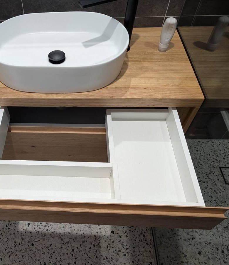 Freestanding solid timber bathroom vanity with three soft-close drawers