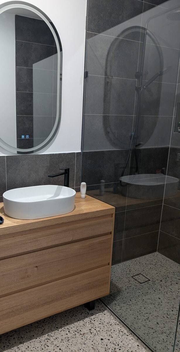 Wall-mounted reclaimed timber bathroom vanity with open shelf handcrafted in Warburton